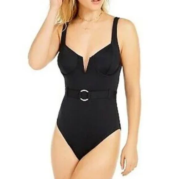Bar III Black Belted Underwire One Piece Swimsuit Small NWT - Picture 1 of 7